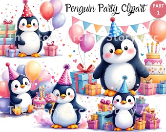 May include: A digital clipart set featuring four adorable penguins wearing party hats and surrounded by colorful balloons, presents, and birthday cake. The set is titled "Penguin Party Clipart Part 1".