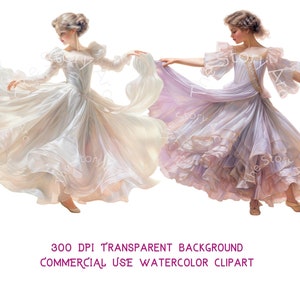 May include: Watercolor clipart of two women in flowing gowns, one white and one lavender, dancing. The dresses have ruffled sleeves and skirts. The image has text that reads "300 DPI TRANSPARENT BACKGROUND COMMERCIAL USE WATERCOLOR CLIPART."