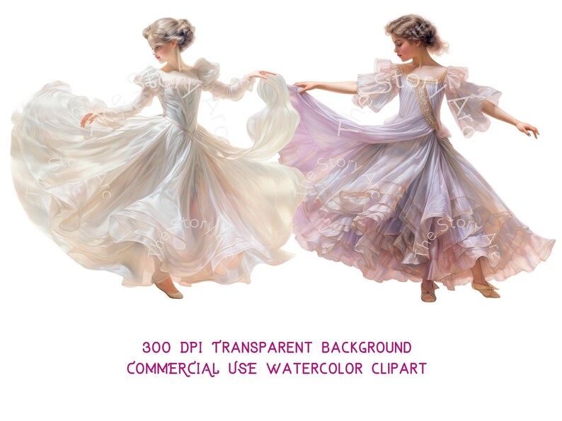 May include: Watercolor clipart of two women in flowing gowns, one white and one lavender, dancing. The dresses have ruffled sleeves and skirts. The image has text that reads "300 DPI TRANSPARENT BACKGROUND COMMERCIAL USE WATERCOLOR CLIPART."
