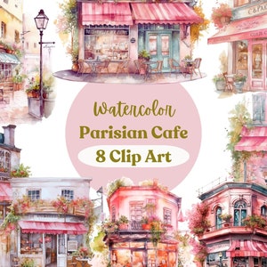 Café parisino PNG, imágenes prediseñadas de acuarela, conjunto de 8 imágenes prediseñadas de café parisino, PNG de París, diario basura, álbum de recortes, tarjeta, planificador, arte romántico