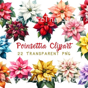 Poinsettia Clipart, 22 Watercolor Poinsettia Flower, Digital Download Winter Clipart for Sublimation, Christmas Decor, Card Making, Crafts