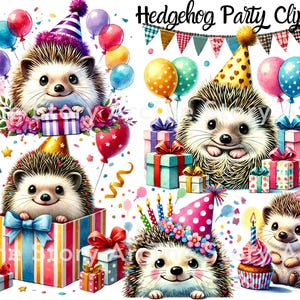 Clipart fête d'anniversaire hérisson, aquarelle hérisson mignon avec ballons cadeaux gâteau, téléchargement numérique pour invitation, décoration de chambre d'enfant, travaux manuels