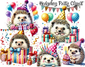 Hedgehog Birthday Party Clipart, Cute Hedgehog Watercolor with Balloons Gifts Cake, Digital Download for Invitation, Nursery Decor, Crafts