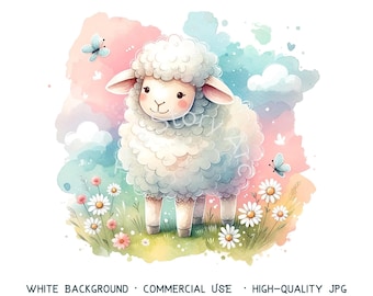 Cute Sheep Clipart, Watercolor Lambs, Nursery Decor (Digital Download)