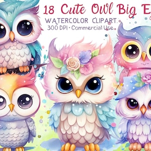 Clipart de coruja fofa, 18 clipart de coruja em aquarela, clipart de coruja com olhos grandes, coruja PNG, cartão, papelaria, diário, álbum de recortes, planejador, artesanato em papel