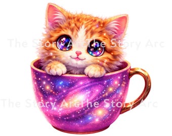May include: A whimsical illustration of a fluffy orange and white kitten with large, colorful eyes, sitting inside a purple teacup. The teacup is decorated with a galaxy design and has a gold handle.
