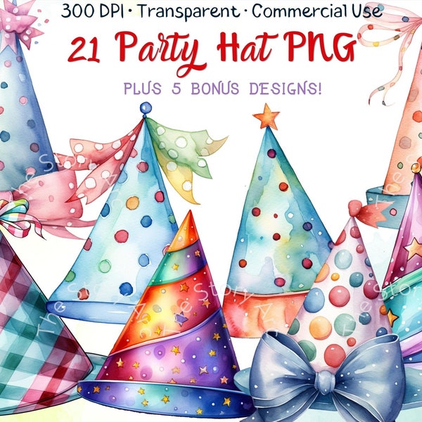 Party Hat Clipart, 21 Party Hat PNG, Party Hats, Party Clipart, Birthday Clipart, Christmas Hat, Watercolor Hat, Hat PNG, Card, Party Decor