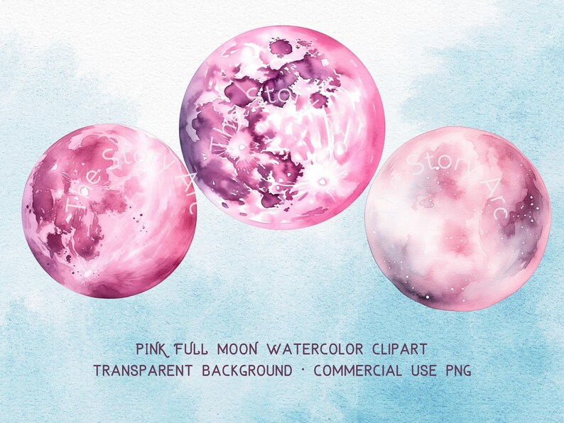 May include: Three pink watercolor full moons with a light blue background. The moons have a textured, watercolor look with shades of pink and purple.