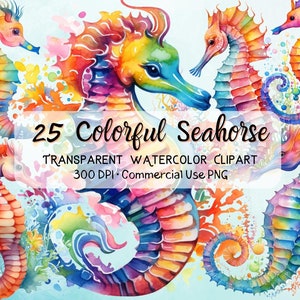 Watercolor Seahorse Clipart, 25 Colorful Seahorse PNG, Under the Sea, Ocean Animals Digital Download for  Stationery Card, Scrapbook Crafts
