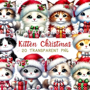 Kitten Christmas Clipart, 20 Kitten PNG, Cat with Christmas Gift, Winter Cat, Santa Kitten, Digital Download Card Making Crafts Sublimation