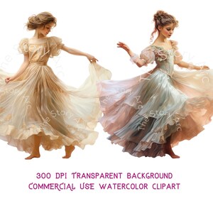 May include: Watercolor clipart of two women in flowing dresses, dancing. The dresses are in shades of beige, peach, and blue, with intricate details. The image has a transparent background and is labeled "300 DPI TRANSPARENT BACKGROUND COMMERCIAL USE WATERCOLOR CLIPART."
