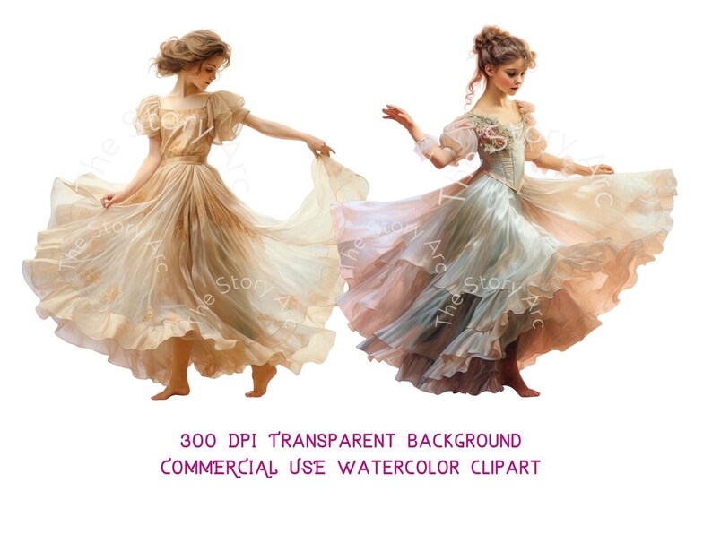 May include: Watercolor clipart of two women in flowing dresses, dancing. The dresses are in shades of beige, peach, and blue, with intricate details. The image has a transparent background and is labeled "300 DPI TRANSPARENT BACKGROUND COMMERCIAL USE WATERCOLOR CLIPART."