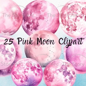 Moon Clipart, 25 Pink Moon PNG, Full Moon, Digital Download, Watercolor Moon Clipart, Moon Wall Art, Mystical Moon, Moon Art, Scrapbooking
