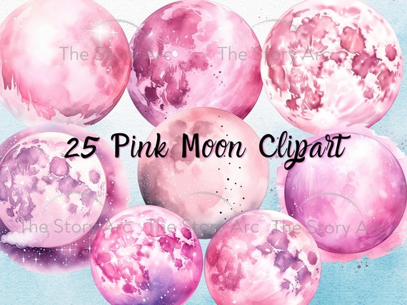 Moon Clipart, 25 Pink Moon PNG, Full Moon, Digital Download, Watercolor Moon Clipart, Moon Wall Art, Mystical Moon, Moon Art, Scrapbooking