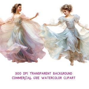 May include: Watercolor clipart featuring two figures in flowing gowns. The gowns are in pastel shades of pink, blue, and lavender. The text "300 DPI TRANSPARENT BACKGROUND COMMERCIAL USE WATERCOLOR CLIPART" is at the bottom.
