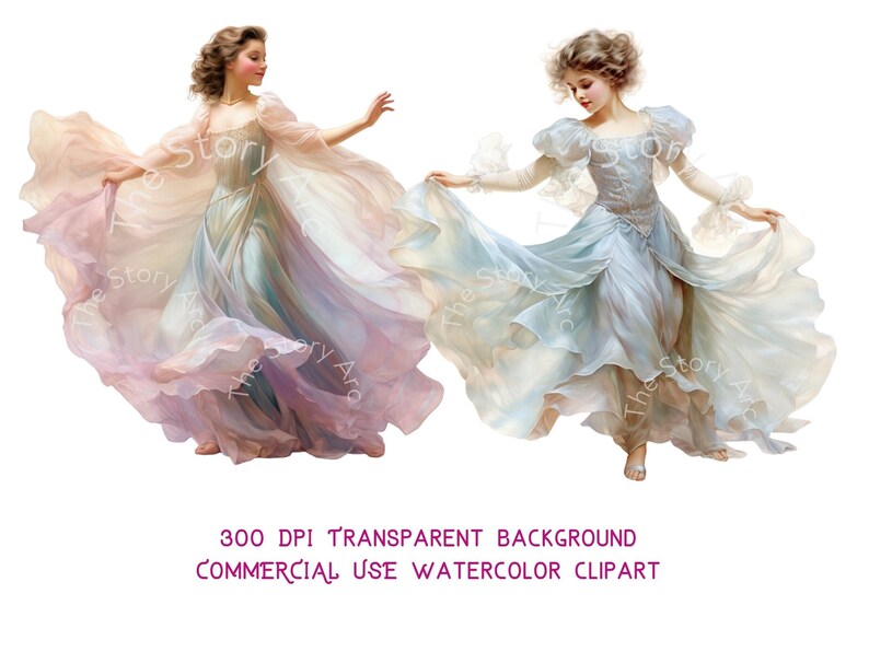 May include: Watercolor clipart featuring two figures in flowing gowns. The gowns are in pastel shades of pink, blue, and lavender. The text "300 DPI TRANSPARENT BACKGROUND COMMERCIAL USE WATERCOLOR CLIPART" is at the bottom.