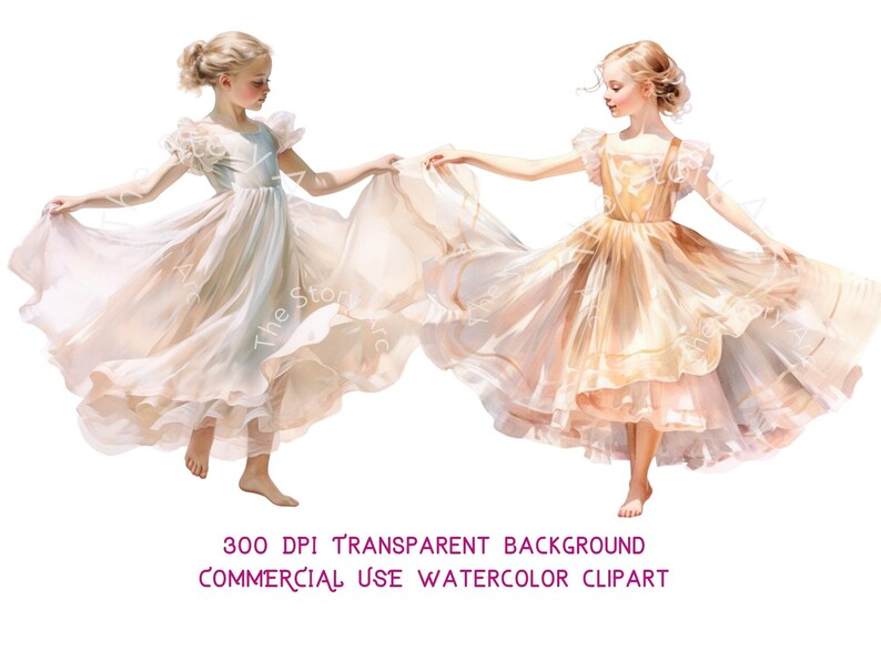 May include: Watercolor clipart of two young girls in flowing dresses, dancing. One girl wears a cream-colored dress, the other a golden-yellow dress. The dresses have ruffled sleeves and are transparent. The text at the bottom reads: 300 DPI TRANSPARENT BACKGROUND COMMERCIAL USE WATERCOLOR CLIPART.
