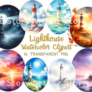 Puede incluir: Un conjunto de 10 ilustraciones de acuarela de faros en diferentes entornos. Cada ilustración presenta un faro con un diseño y una combinación de colores únicos, rodeado de agua, cielo y otros elementos naturales. Las ilustraciones son perfectas para agregar un toque náutico a cualquier proyecto.