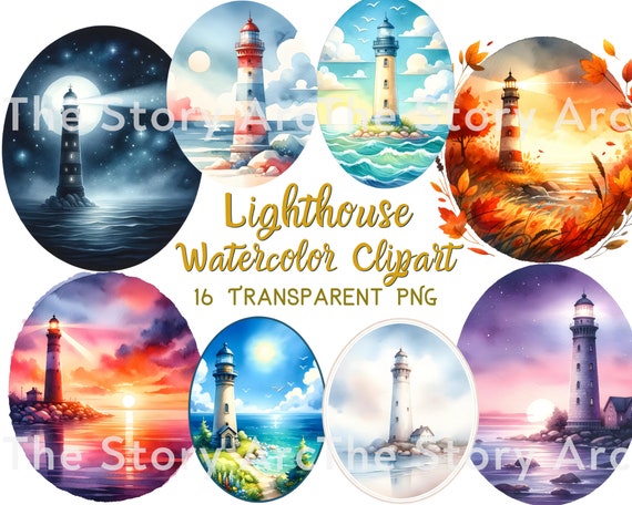 Lighthouse Watercolor Clipart, 16 High Quality Lighthouse PNG, Nautical Clipart, Digital Download, Junk Journal, Scrapbooking, Paper Crafts