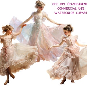 May include: Watercolor clipart featuring three figures in flowing, pastel-colored dresses. The dresses have ruffled sleeves and skirts, with a ribbon detail at the waist. The text at the top reads "300 DPI TRANSPARENT COMMERCIAL USE WATERCOLOR CLIPART."