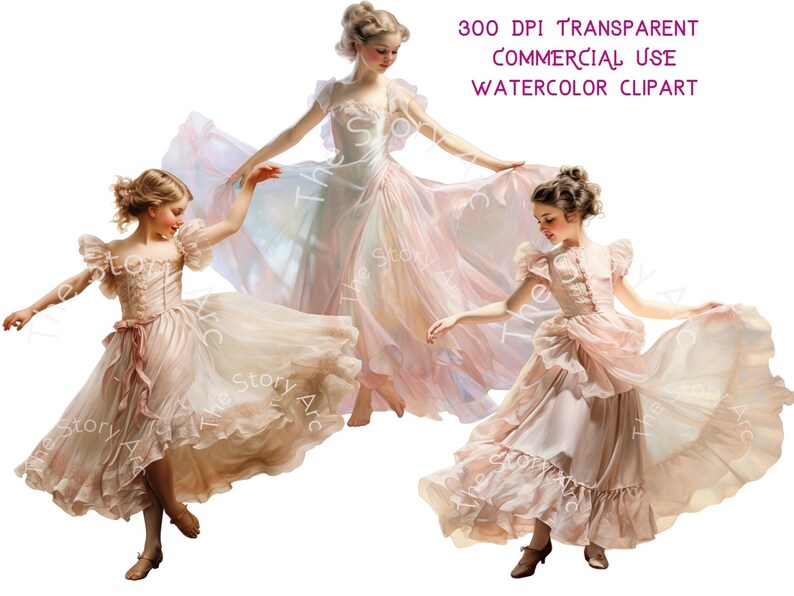 May include: Watercolor clipart featuring three figures in flowing, pastel-colored dresses. The dresses have ruffled sleeves and skirts, with a ribbon detail at the waist. The text at the top reads "300 DPI TRANSPARENT COMMERCIAL USE WATERCOLOR CLIPART."