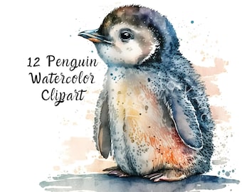 Clipart de acuarela de pingüino, 12 pingüinos bebés, descarga digital para hacer tarjetas, scrapbooking, manualidades, decoración de pared, JPG de alta calidad