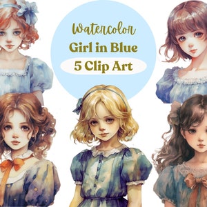 Azure Admirations: Set di 5 ragazze affascinanti in clipart acquerello blu, PNG di alta qualità, clipart ragazza stravagante, download digitale
