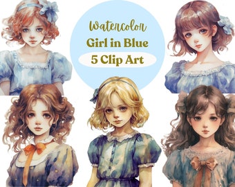 Azure Admirations: Set of 5 Charming Girl in Blue Watercolor Clipart, High Quality PNGs, Whimsical Girl Clipart, Digital Download