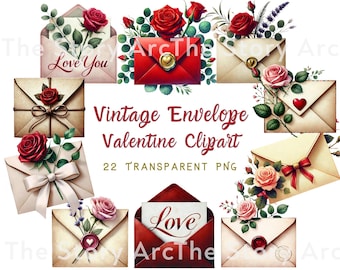 Valentine Envelope Vintage Clipart, 22 Love Letter PNG, Romantic Clipart, Red Roses Envelope, Digital Download, Wedding Stationery Graphics