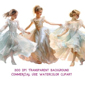 May include: Watercolor clipart featuring three young girls in flowing, pastel-colored dresses. The dresses have ruffled sleeves and skirts, with the girls' arms outstretched. The image has a transparent background and is labeled for commercial use.