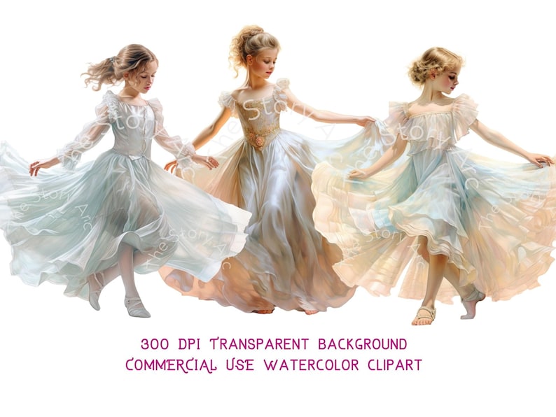 May include: Watercolor clipart featuring three young girls in flowing, pastel-colored dresses. The dresses have ruffled sleeves and skirts, with the girls' arms outstretched. The image has a transparent background and is labeled for commercial use.