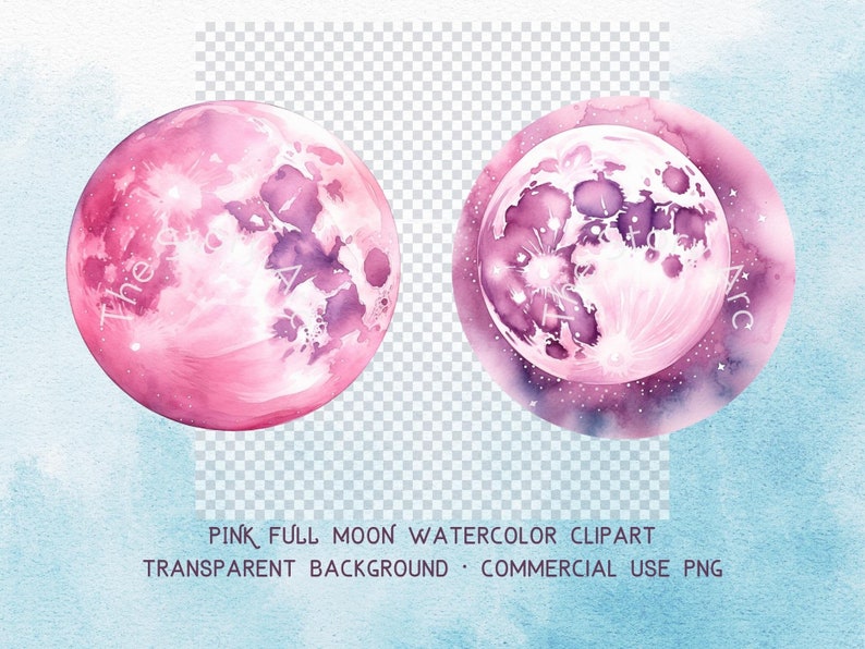 May include: Two watercolor illustrations of a pink full moon with a white center. The moon is surrounded by a purple halo and white stars. The text "The Star Arc" is visible on the left moon.