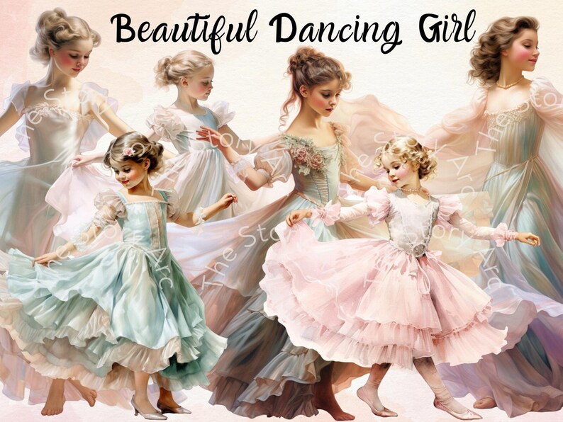 May include: An artistic rendering of several young girls in flowing dresses, dancing. The dresses are in shades of pink, blue, and white, with delicate details. The text "Beautiful Dancing Girl" is at the top.