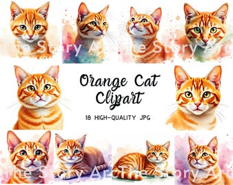 Watercolor Orange Cat Clipart, 18 JPG Images (Digital Download), Tabby Kitten