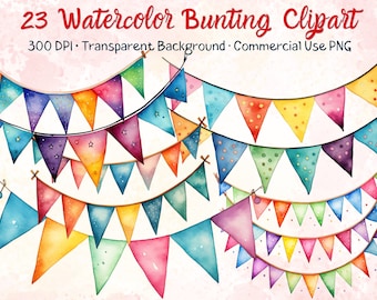 May include: 23 watercolor bunting flags in various colors with white polka dots and stars. The flags are strung together with a brown twine. The background is a light pink watercolor wash.