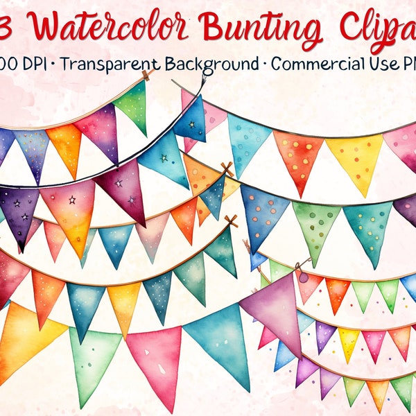 Bunting Clipart, 23 Bunting Flags Watercolor Clipart, Bunting Banner, Card, Stationery, Digital Planner, Paper Crafts, Instant Download