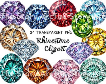 May include: 24 transparent PNG images of various colored rhinestones. The rhinestones are in different shapes and sizes, with some having a more faceted look than others.