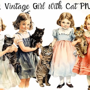 Girl with Cat Clipart, Vintage Girl with Kitten PNG, Cute Cat and Girl Clipart, Digital Download for Paper Crafts, Journal, Scrapbooking