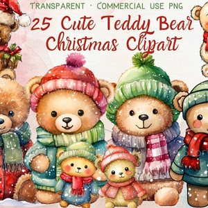 Weihnachten Teddy Bär PNG, 25 süße Teddy Bär Clipart, Aquarell Teddy Bär, Winter Clipart, Weihnachtsgrafiken druckbare, digitaler Download