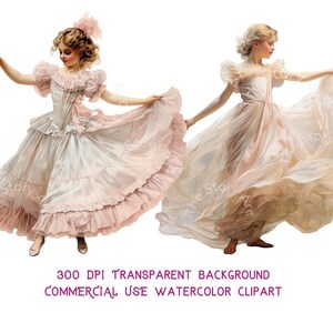 May include: Two watercolor clipart images of women in flowing, vintage-style dresses. The dresses are primarily white and pink, with ruffled details and off-the-shoulder sleeves. The text "300 DPI TRANSPARENT BACKGROUND COMMERCIAL USE WATERCOLOR CLIPART" is at the bottom.