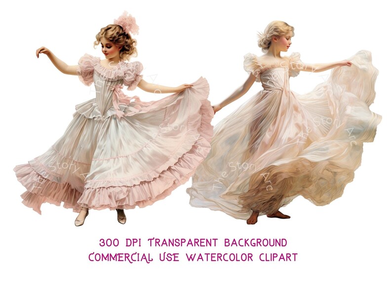 May include: Two watercolor clipart images of women in flowing, vintage-style dresses. The dresses are primarily white and pink, with ruffled details and off-the-shoulder sleeves. The text "300 DPI TRANSPARENT BACKGROUND COMMERCIAL USE WATERCOLOR CLIPART" is at the bottom.