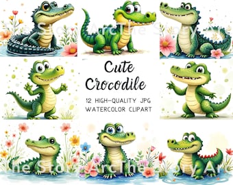 Schattige krokodil in aquarel clipart, lieve krokodil, speelse krokodil reptiel, digitale download voor kinderkamerdecoratie, uitnodiging, sticker