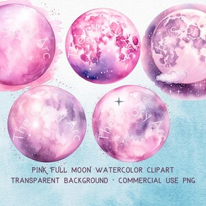 May include: Four watercolor illustrations of pink full moons with a purple and white galaxy background. The moons have a soft, dreamy look and are perfect for adding a touch of magic to your designs.