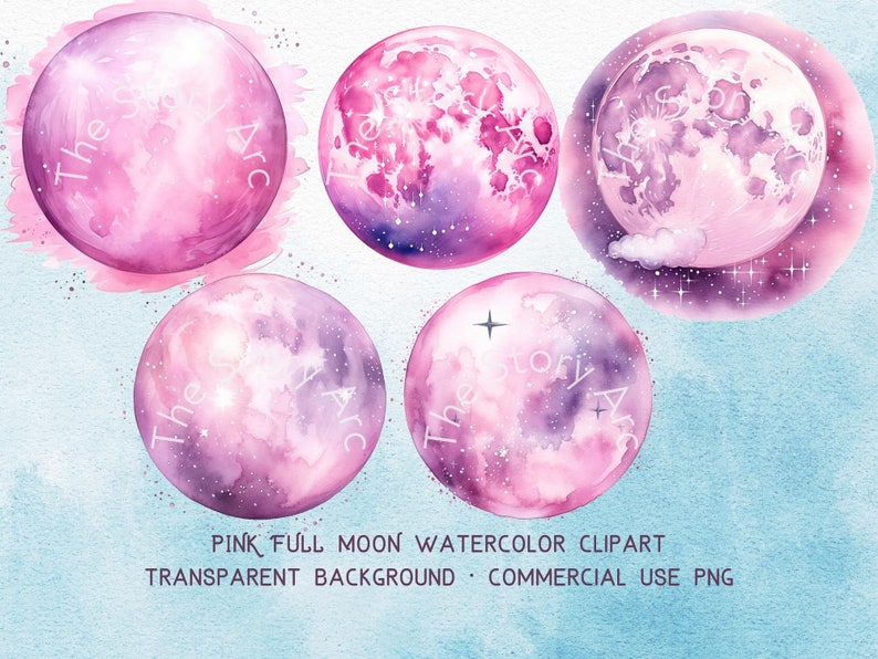May include: Four watercolor illustrations of pink full moons with a purple and white galaxy background. The moons have a soft, dreamy look and are perfect for adding a touch of magic to your designs.