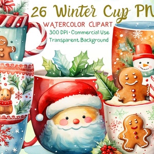 Clipart de tasse d'hiver, 26 PNG de tasse de Noël, clipart père Noël, aquarelle de tasse de Noël, clipart de pain d'épice, étiquette cadeau, carte, papeterie