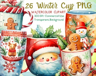 Winter Cup Clipart, 26 Christmas Cup PNG, Santa Claus Clipart, Christmas Mug Watercolor, Gingerbread Clipart, Gift Tag, Card, Stationery