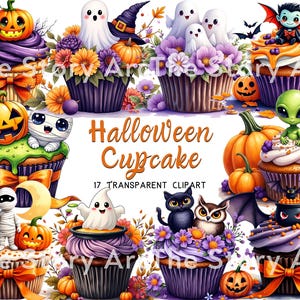17 Halloween Cupcake Clipart, Gruseliger Aquarell Cupcake, Halloween Dekor Kürbis Digitaler Download für Sublimation, Party-Einladung Handwerk