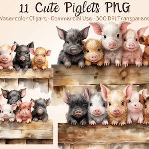 Cute Piglet Clipart, 11 Piglet PNG, Baby Pig, Barn, Farm Animal Watercolor Clipart, Sublimation Print, Paper Crafts, Card, Commercial Use