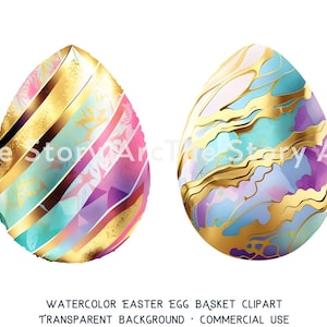 May include: Two decorative Easter egg designs. One egg features diagonal stripes of gold, pink, teal, and purple with leaf patterns. The other egg has a marbled design in blue, purple, and teal with gold accents. Text: Watercolor Easter Egg Basket Clipart.