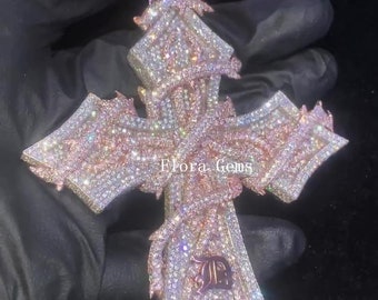 Shiny VVS Moissanite Cross Pendant, Iced Out Cross Pendant, Custom Hip Hop Cross, 925 Silver Cross, 14K Gold Finish, Birthday Gift For Him